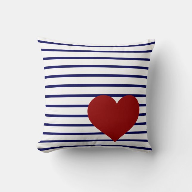 Navy Blue Stripes on White w/ Red Heart Cushion (Front)