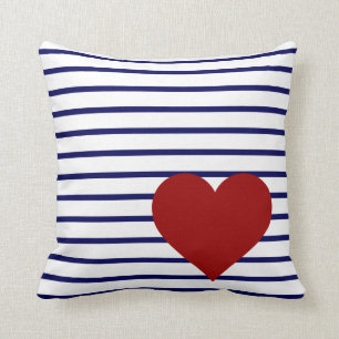 Navy Blue Stripes on White w/ Red Heart Cushion