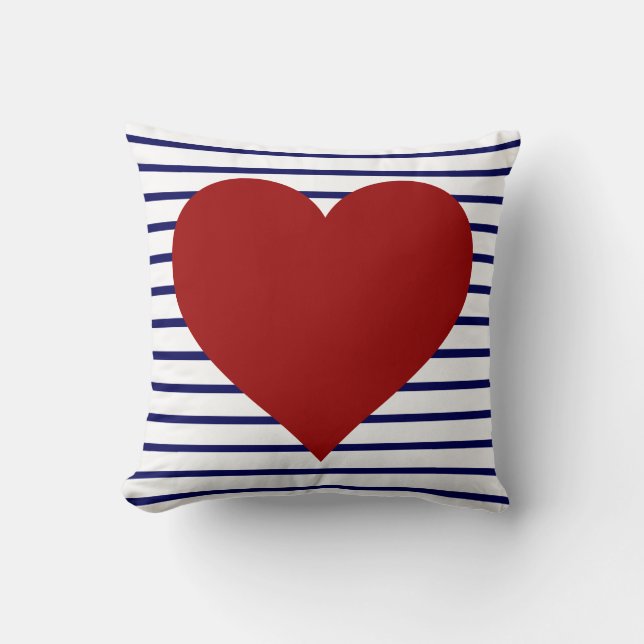 Navy Blue Stripes on White w/ Red Heart Cushion (Front)