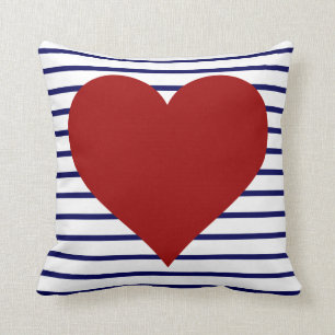 Navy Blue Stripes on White w/ Red Heart Cushion