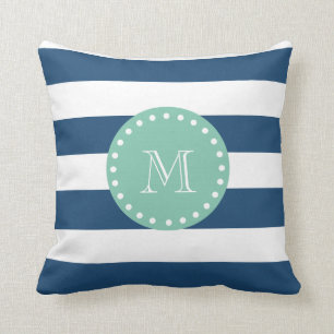 Navy Blue Stripes Pattern, Mint Green Monogram Cushion