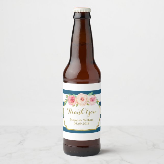 Navy Blue Stripes Pink Floral Gold Beer Label (Front)