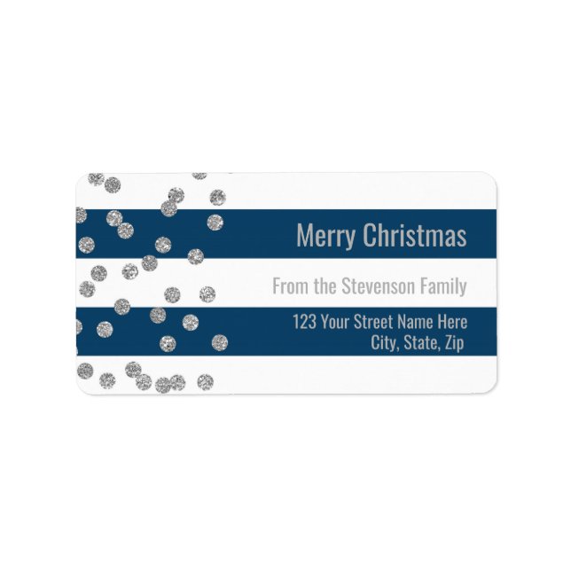 Navy Blue Stripes Silver Confetti Merry Christmas Label (Front)