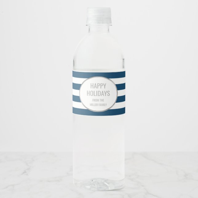 Navy Blue Stripes Silver Custom Happy Holidays Water Bottle Label (Front)