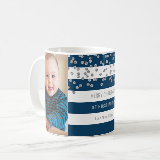 Navy Blue Stripes Silver Photo Best Dad Christmas Coffee Mug (Front Left)