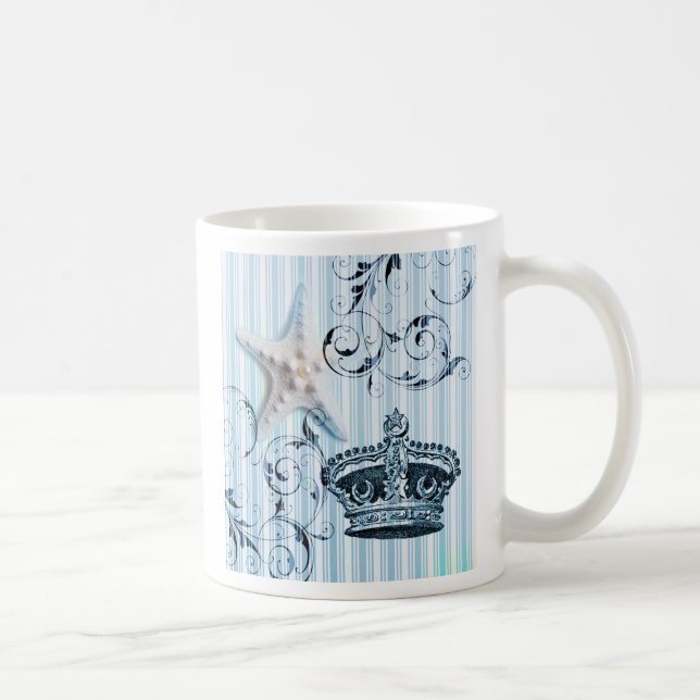 navy blue stripes starfish seashell crown nautical coffee mug (Right)