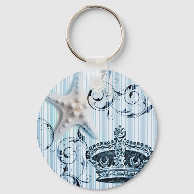 navy blue stripes starfish seashell crown nautical key ring (Front)