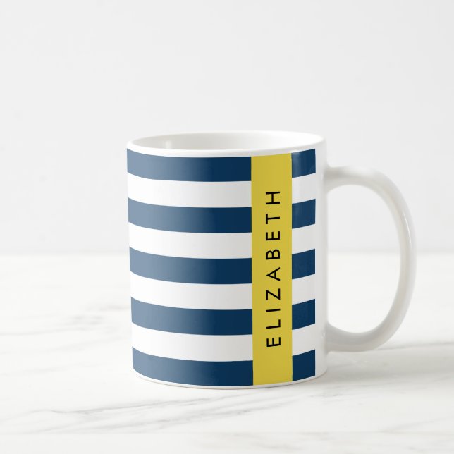 Navy Blue Stripes, Striped Pattern, Your Name Coffee Mug (Right)