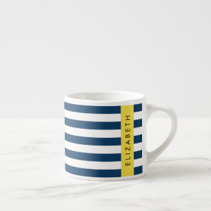 Navy Blue Stripes, Striped Pattern, Your Name Espresso Cup
