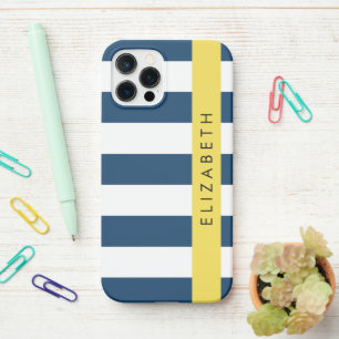 Navy Blue Stripes, Striped Pattern, Your Name iPhone 12 Pro Case