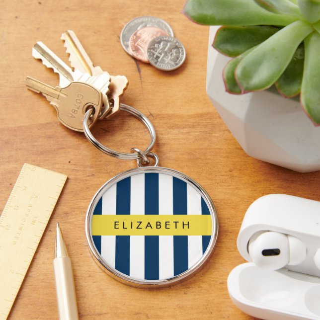 Navy Blue Stripes, Striped Pattern, Your Name Key Ring (Desk)