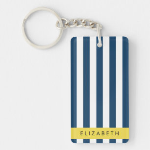 Navy Blue Stripes, Striped Pattern, Your Name Key Ring