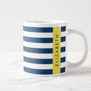 Navy Blue Stripes, Striped Pattern, Your Name Large Coffee Mug