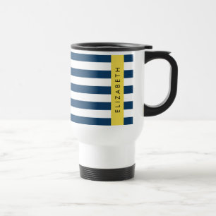 Navy Blue Stripes, Striped Pattern, Your Name Travel Mug
