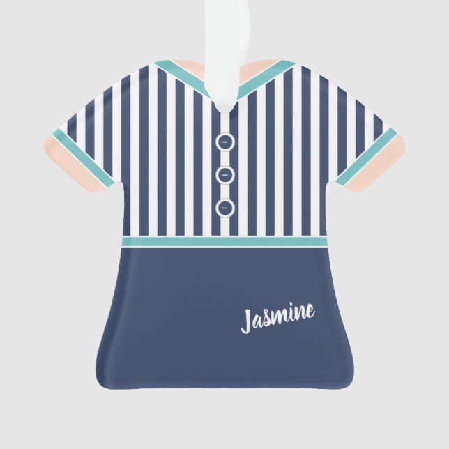 Navy Blue Stripes Teal Trim Athletic Tennis Outfit Ornament (Front)