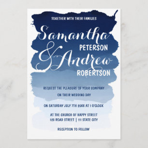 Navy blue stripes watercolor ombre wedding invitation