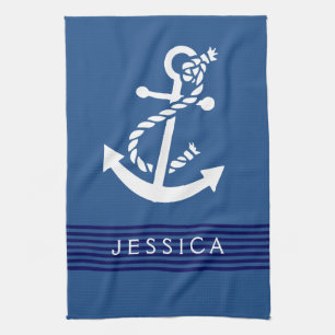 Navy Blue Stripes White nautical Anchor Tea Towel