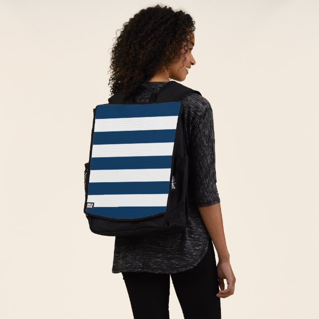 Navy Blue Stripes, White Stripes, Striped Pattern Backpack (Worn)