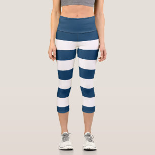 Navy Blue Stripes, White Stripes, Striped Pattern Capri Leggings