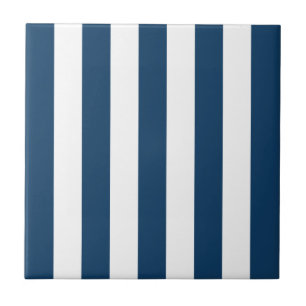 Navy Blue Stripes, White Stripes, Striped Pattern Ceramic Tile