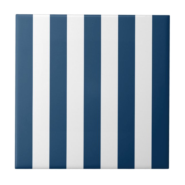 Navy Blue Stripes, White Stripes, Striped Pattern Ceramic Tile (Front)