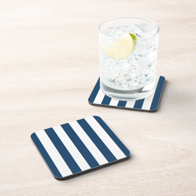 Navy Blue Stripes, White Stripes, Striped Pattern Coaster (Right Side)