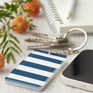 Navy Blue Stripes, White Stripes, Striped Pattern Key Ring
