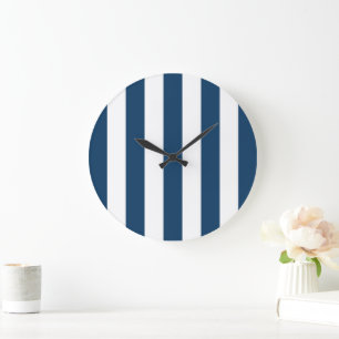 Navy Blue Stripes, White Stripes, Striped Pattern Large Clock