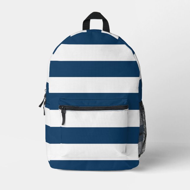 Navy Blue Stripes, White Stripes, Striped Pattern Printed Backpack (Front)