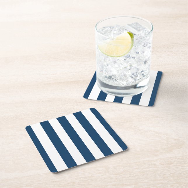 Navy Blue Stripes, White Stripes, Striped Pattern Square Paper Coaster (Insitu)