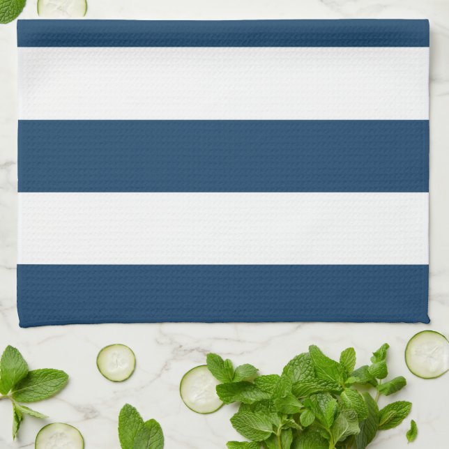 Navy Blue Stripes, White Stripes, Striped Pattern Tea Towel (Folded)