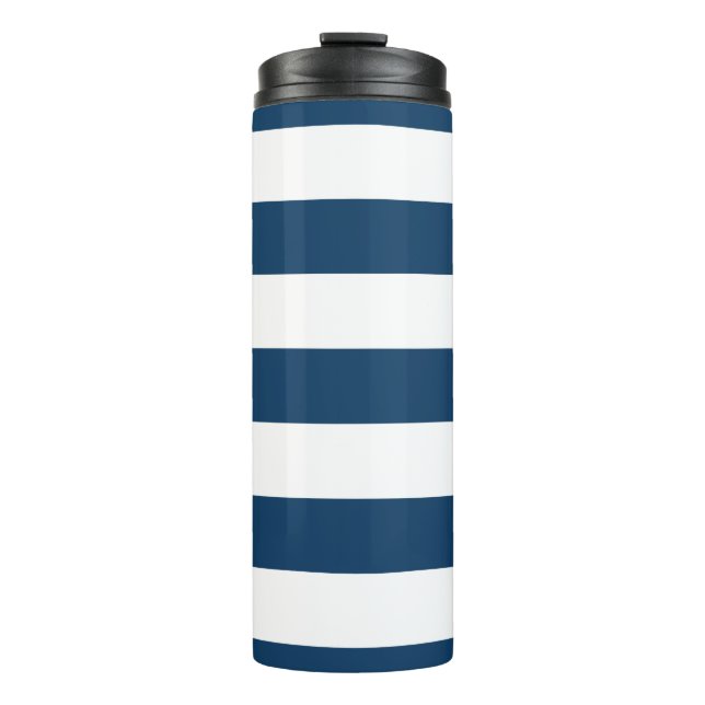Navy Blue Stripes, White Stripes, Striped Pattern Thermal Tumbler (Front)