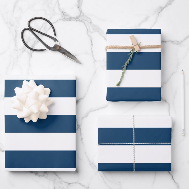 Navy Blue Stripes, White Stripes, Striped Pattern Wrapping Paper Sheet (Front)