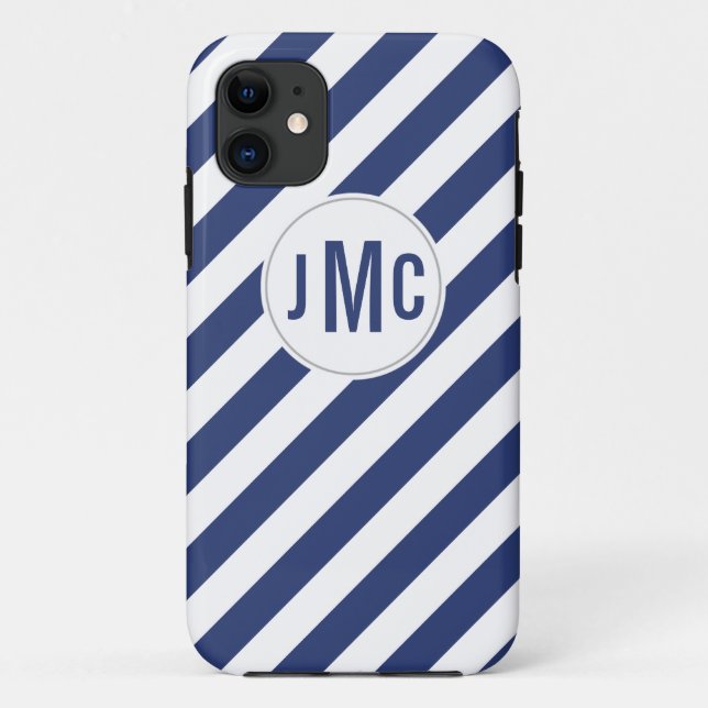 Navy Blue Stripes with Custom Monogram Case-Mate iPhone Case (Back)