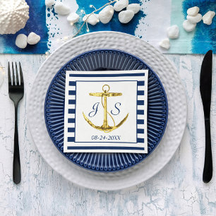Navy Blue Stripes with Gold Anchor Wedding Napkin