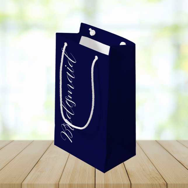 Navy Blue Stylised Script Wedding Bridesmaid Small Gift Bag (In Situ)