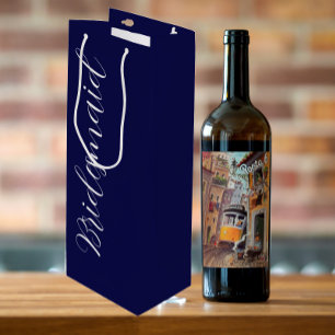 Navy Blue Stylised Script Wedding Bridesmaid Wine Gift Bag