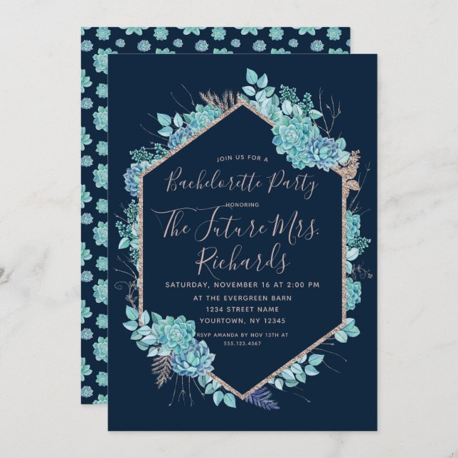 Navy Blue Succulents Bachelorette Party Invitation (Front/Back)