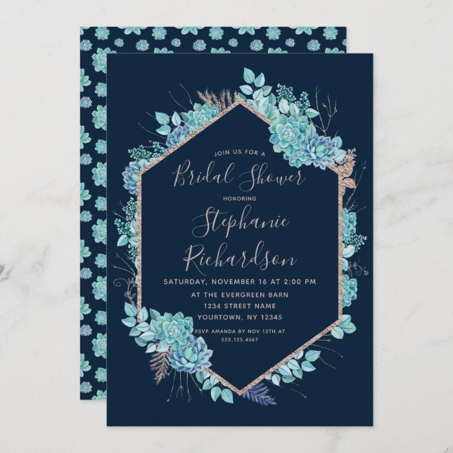 Navy Blue Succulents Bridal Shower Invitation (Front/Back)
