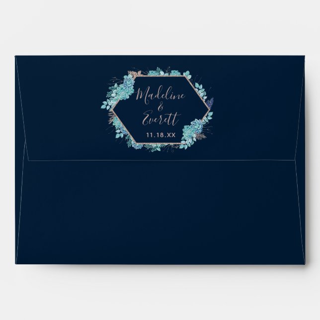 Navy Blue Succulents & Rose Gold Wedding Monogram Envelopes (Back (Top Flap))