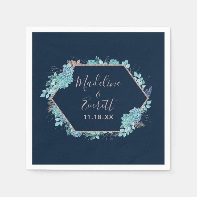 Navy Blue Succulents & Rose Gold Wedding Monogram Napkin (Front)