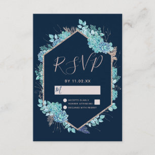 Navy Blue Succulents & Rose Gold Wedding RSVP Card