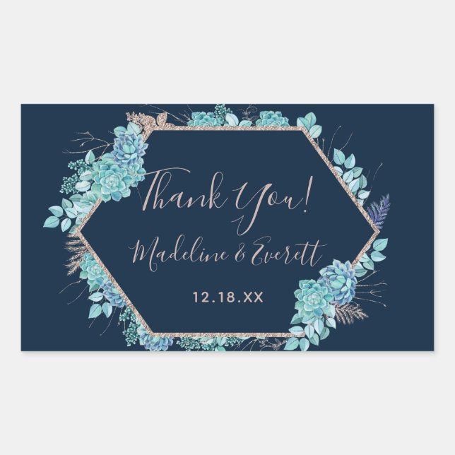Navy Blue Succulents & Rose Gold Wedding Thank You Rectangular Sticker (Front)