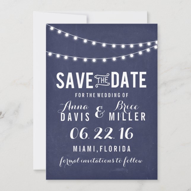 Navy Blue Summer String Light Save The Date (Front)