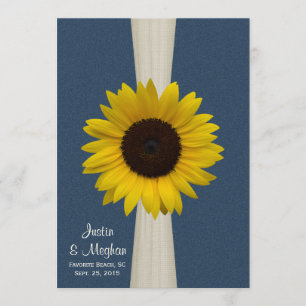 Navy Blue Sunflower and Burlap Wedding Invitation