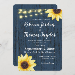 Navy Blue Sunflower and Lights Rustic Wedding Invitation