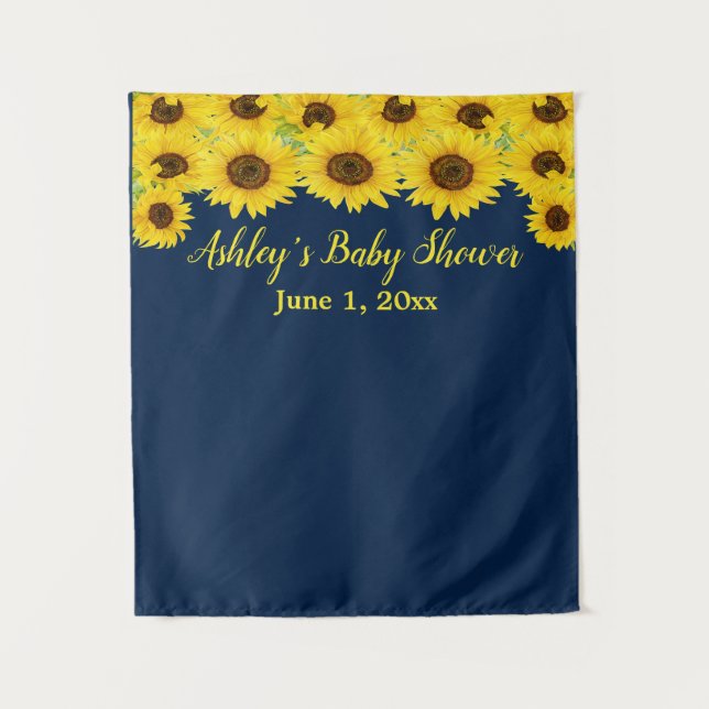 Navy Blue Sunflower Baby Shower Photo Booth Prop Tapestry (Front)