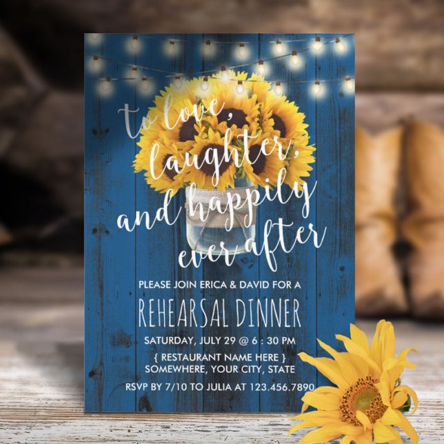 Navy Blue Sunflower Barn Wedding Rehearsal Dinner Invitation (Creator Uploaded)