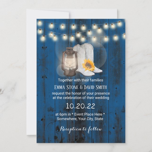 Navy Blue Sunflower Boots Lantern Western Wedding Invitation (Front)