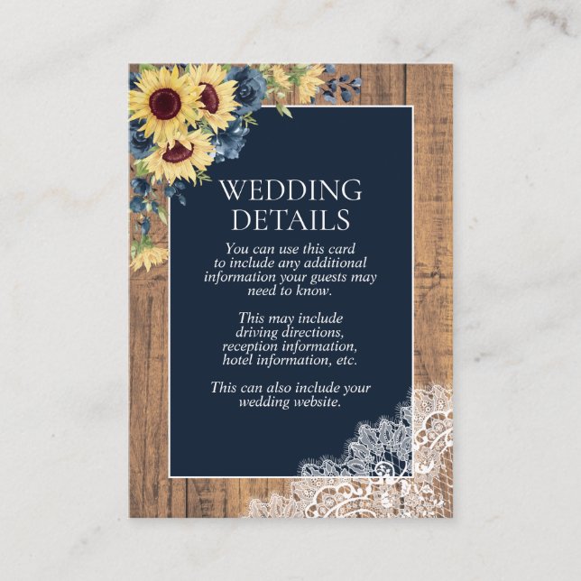 Navy Blue Sunflower Botanical Lace Wood Details Enclosure Card (Front)